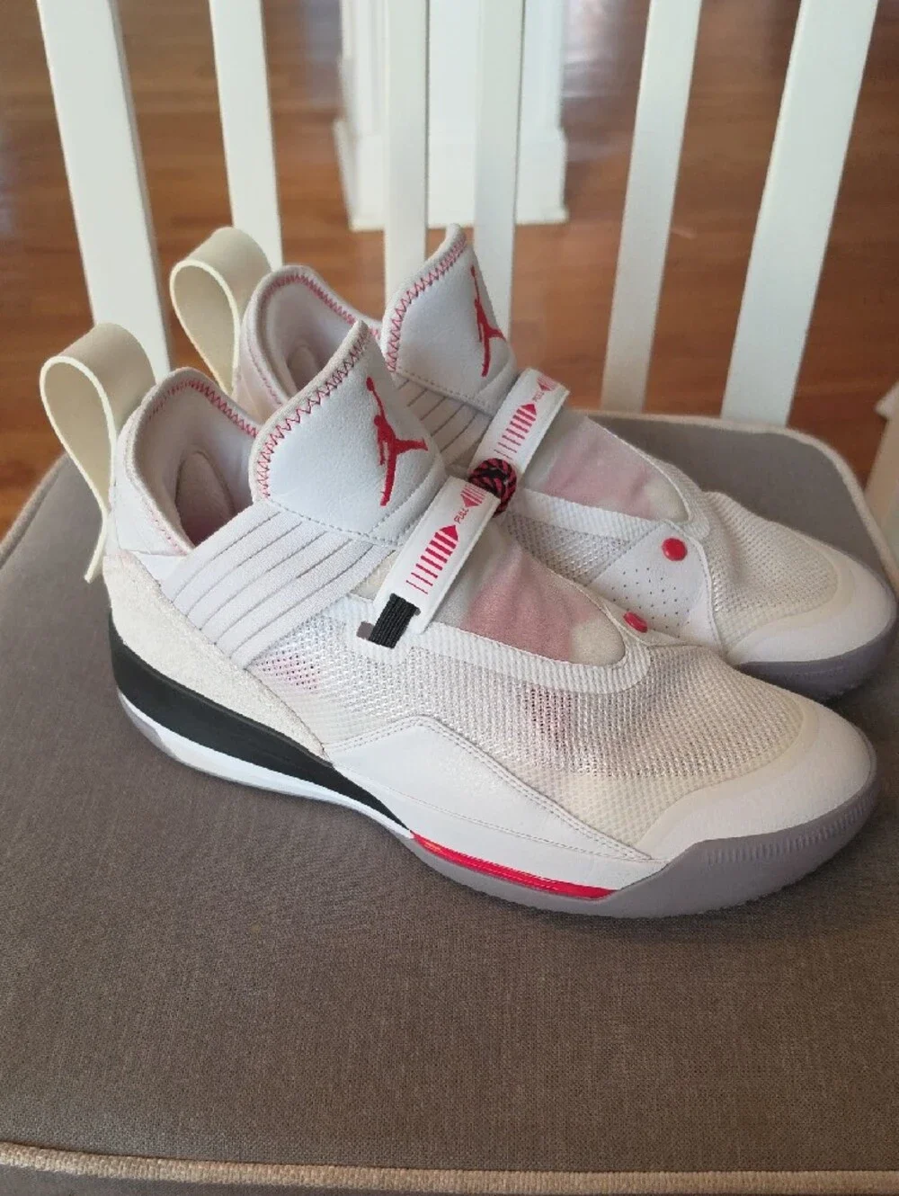 Jordan SE 33 White and Red Men’s Slip-On Basketball Sneakers